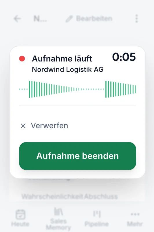 fieldbrain auf dem Telefon: die Aufnahme läuft direkt nach dem Termin, mit Verwerfen und Aufnahme beenden