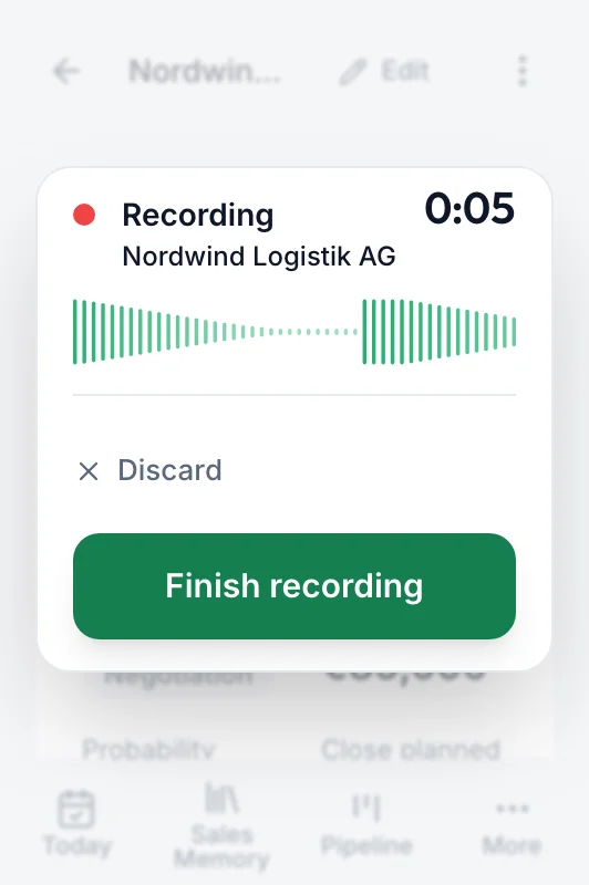 fieldbrain on the phone: recording right after the meeting, with discard and stop recording