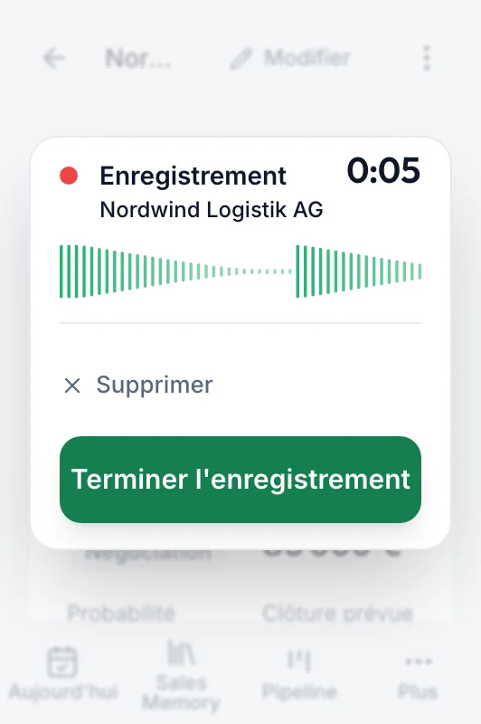 fieldbrain sur le téléphone : l'enregistrement juste après le rendez-vous, avec supprimer et terminer l'enregistrement