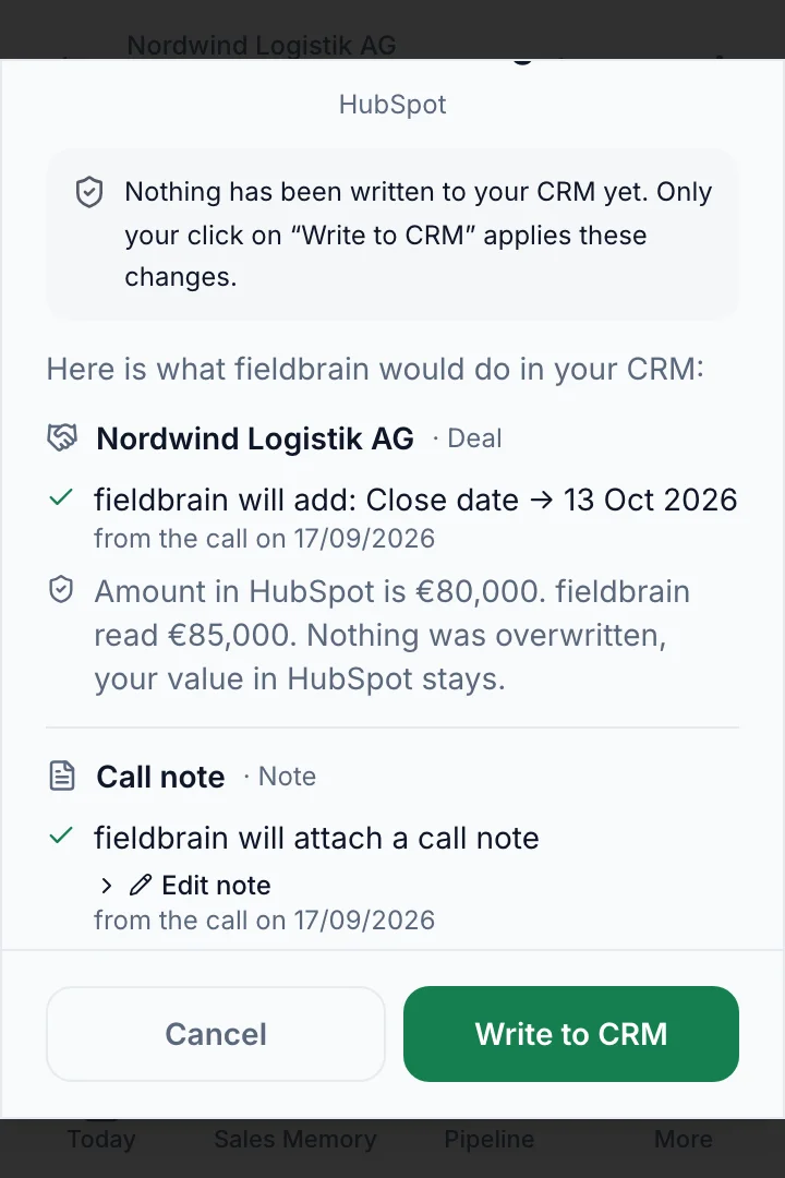 Review CRM changes in HubSpot: add the missing close date, call note and task; the differing amount is not overwritten