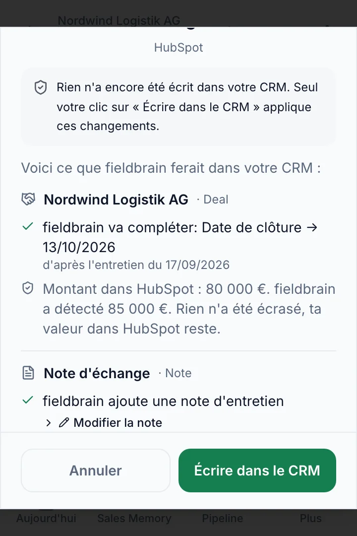 Vérifier les changements CRM dans HubSpot : ajouter la date de clôture manquante, note d'échange et tâche ; le montant divergent n'est pas écrasé