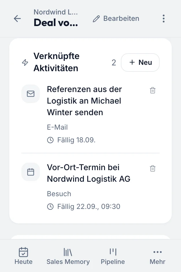 fieldbrain-Deal Nordwind Logistik, verknüpfte Aktivitäten direkt nach dem Gespräch: Referenzen an Michael Winter senden, fällig am 18.09., und der Vor-Ort-Termin am 22.09. um 09:30