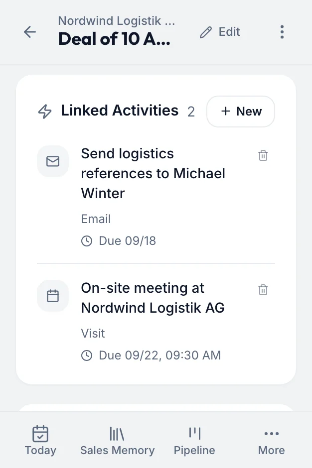 fieldbrain deal Nordwind Logistik, linked activities right after the call: send references to Michael Winter, due 18 September, and the on-site meeting on 22 September at 9:30