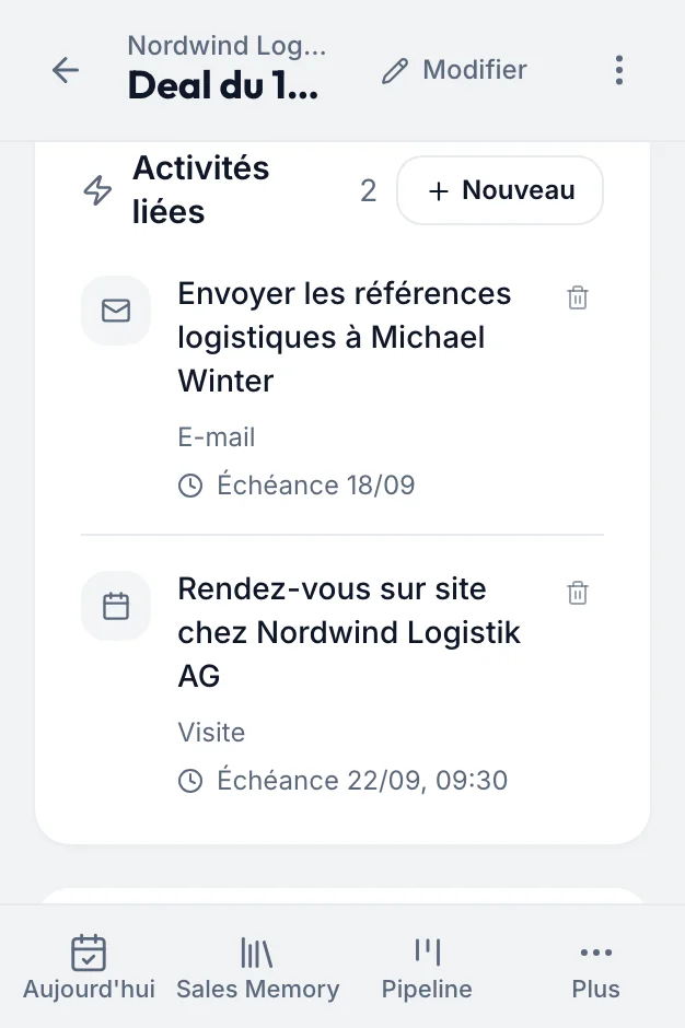 Deal fieldbrain Nordwind Logistik, activités liées juste après l'échange : envoyer les références à Michael Winter, échéance le 18 septembre, et le rendez-vous sur site le 22 septembre à 9h30