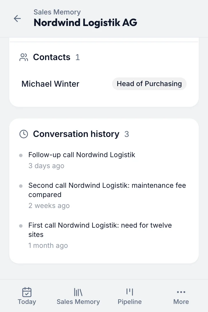 Conversation history with Nordwind Logistik: three calls