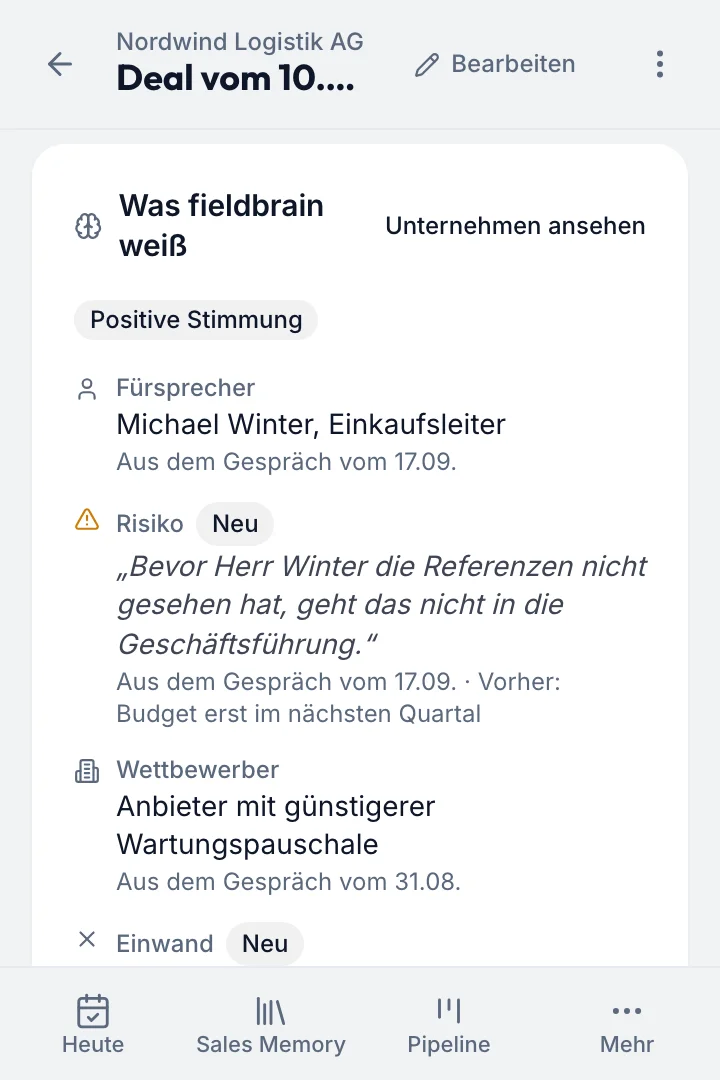 Was fieldbrain über den Deal mit Nordwind Logistik weiß: Fürsprecher Michael Winter, Risiko, Wettbewerber und Einwand, jeweils mit Beleg aus dem Gespräch
