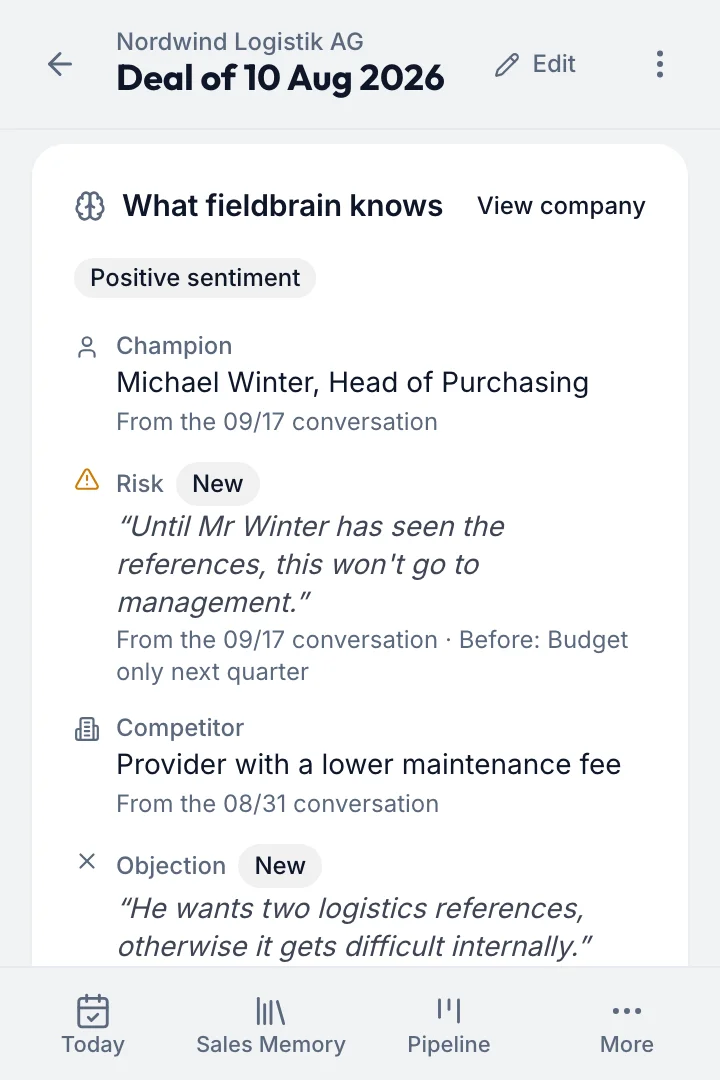 What fieldbrain knows about the Nordwind Logistik deal: champion Michael Winter, risk, competitor and objection, each with evidence from the call