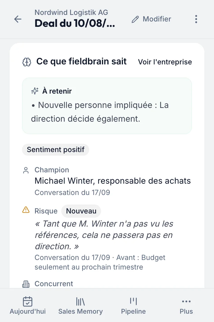 Ce que fieldbrain sait du deal Nordwind Logistik : soutien Michael Winter, risque, concurrent et objection, chacun avec sa preuve dans l'échange