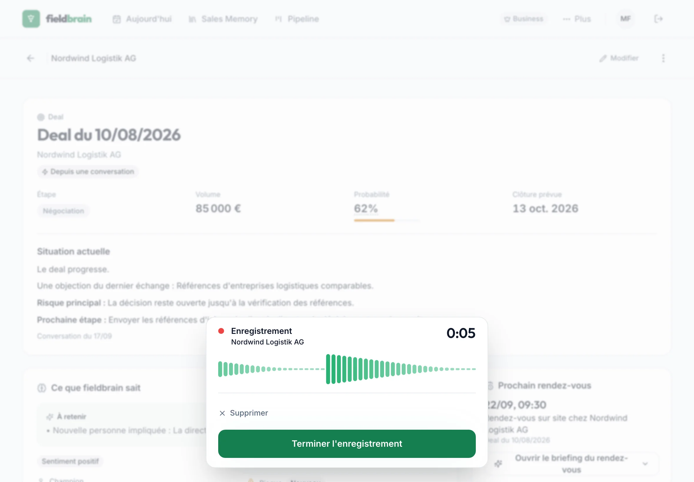fieldbrain sur l'iPad : juste après le rendez-vous, un enregistrement dans le deal Nordwind Logistik