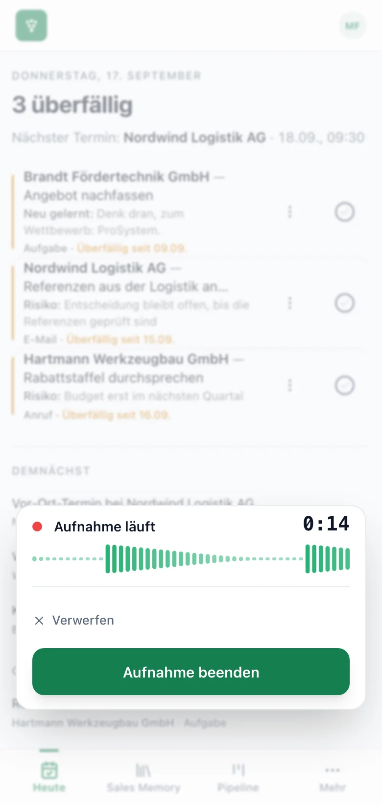 fieldbrain auf dem Telefon: die laufende Aufnahme direkt nach dem Termin, mit Laufzeit und Wellenform