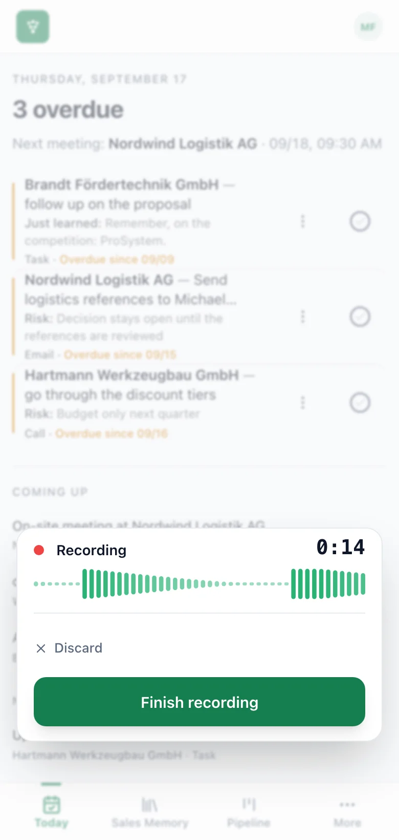 fieldbrain on the phone: the recording running right after the meeting, with the elapsed time and the live waveform