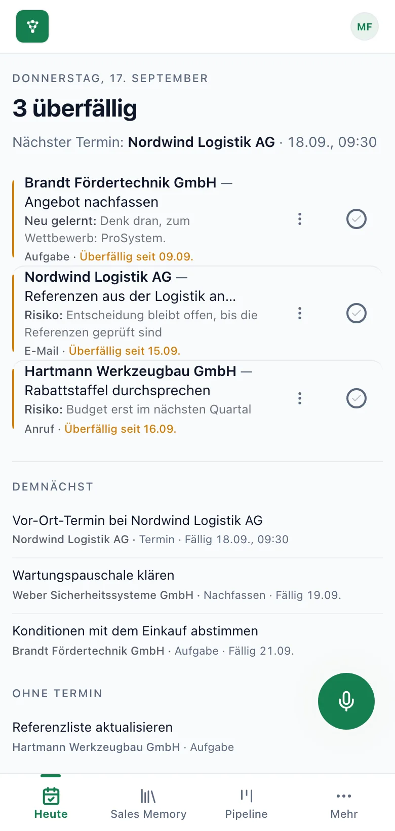 fieldbrain auf dem Telefon: Heute mit den überfälligen Aufgaben, dem nächsten Termin und dem Stand beim Kunden