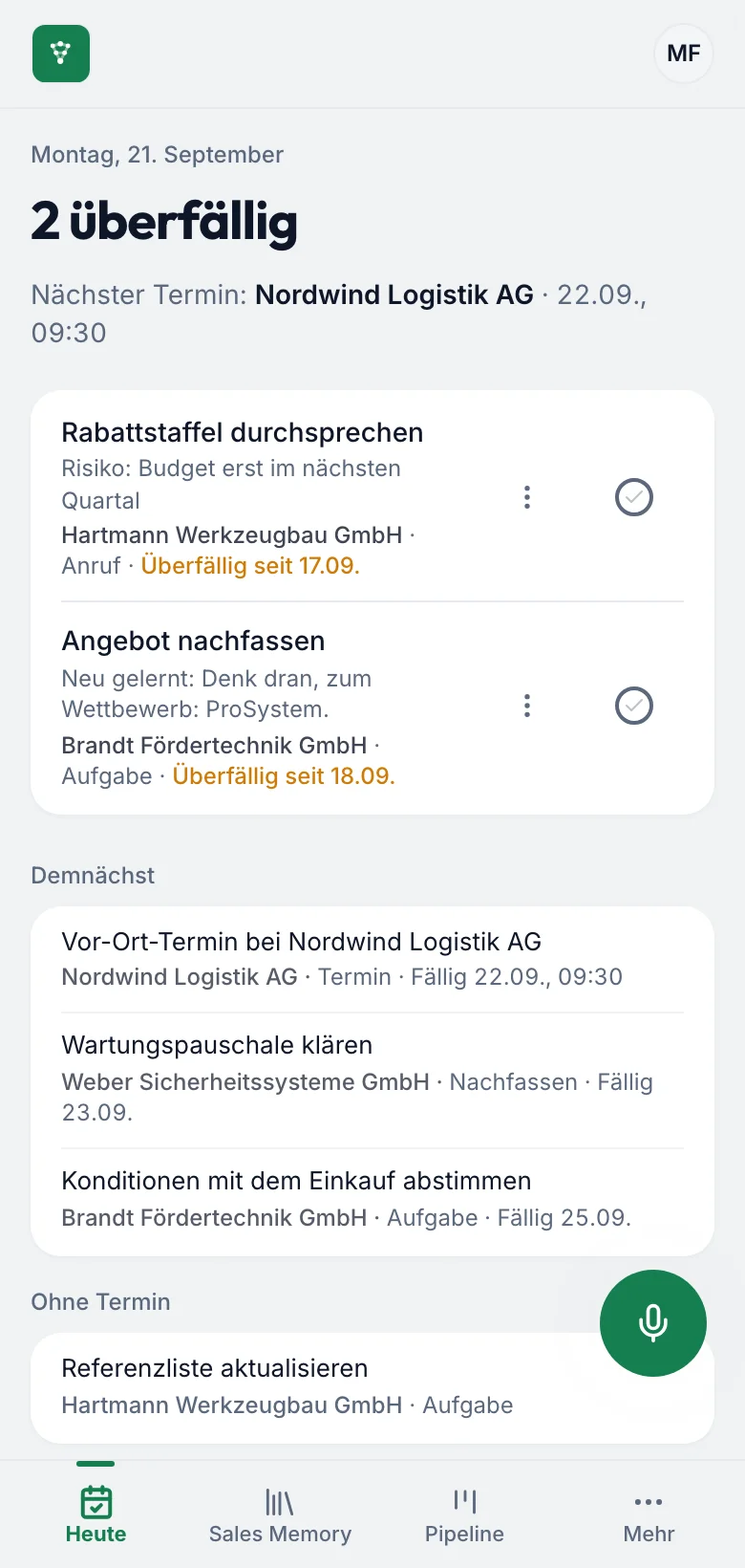 fieldbrain auf dem Telefon: Heute mit den überfälligen Aufgaben, dem nächsten Termin und dem Stand beim Kunden