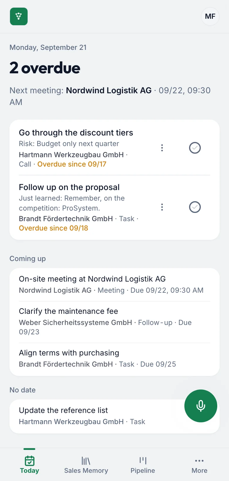 fieldbrain on the phone: Today with the overdue tasks, the next meeting and where the customer stands