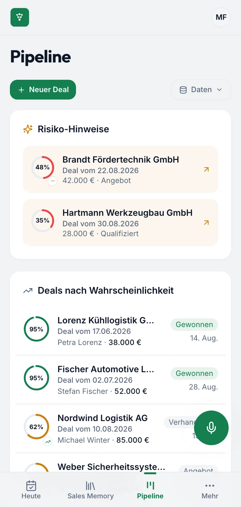 fieldbrain Pipeline auf dem Telefon: Risiko-Hinweise und Deals nach Wahrscheinlichkeit, oben Nordwind Logistik AG mit 62 % in der Verhandlung