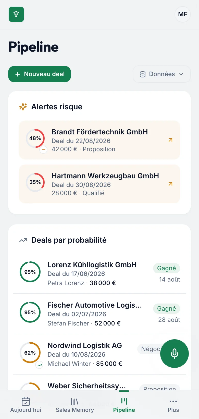 Pipeline fieldbrain sur le téléphone : alertes risque et deals par probabilité, Nordwind Logistik AG en tête à 62 % en négociation