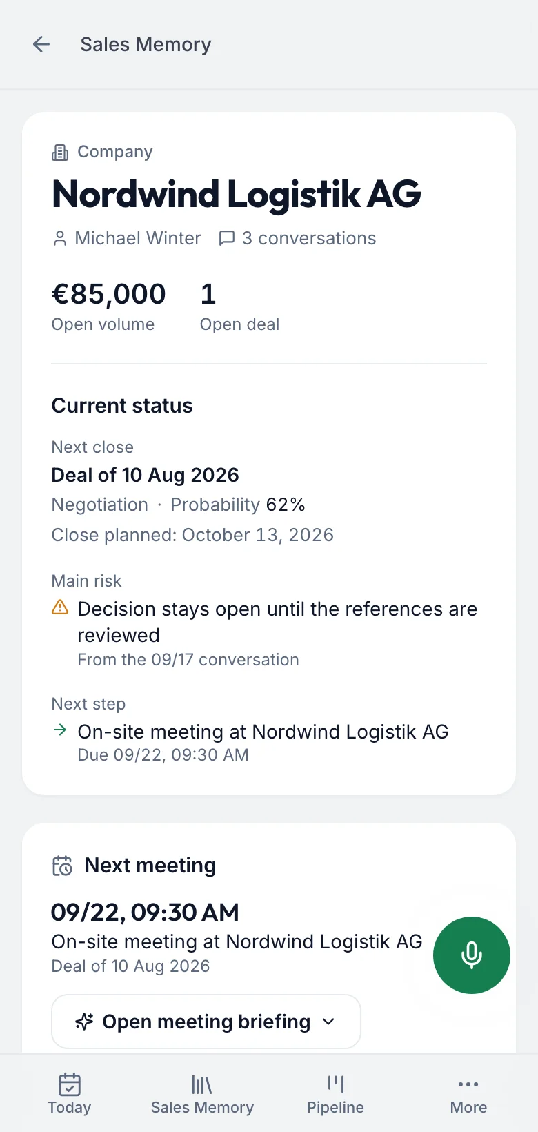 fieldbrain on the phone: the customer record with the current customer knowledge and what is new from the last conversation
