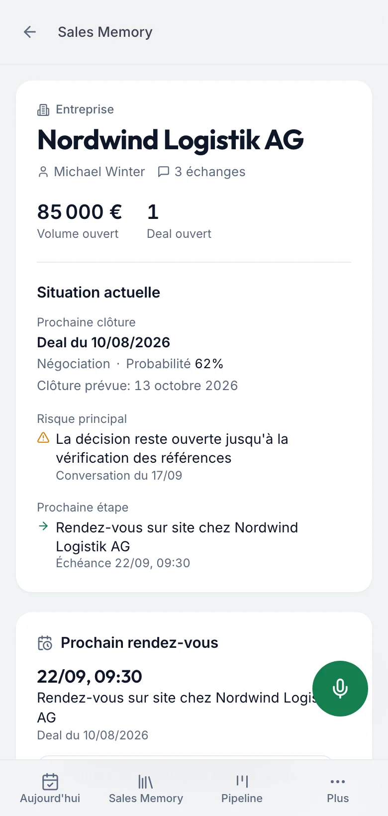 fieldbrain sur le téléphone : la fiche client avec les connaissances actuelles et ce qui est nouveau depuis le dernier échange