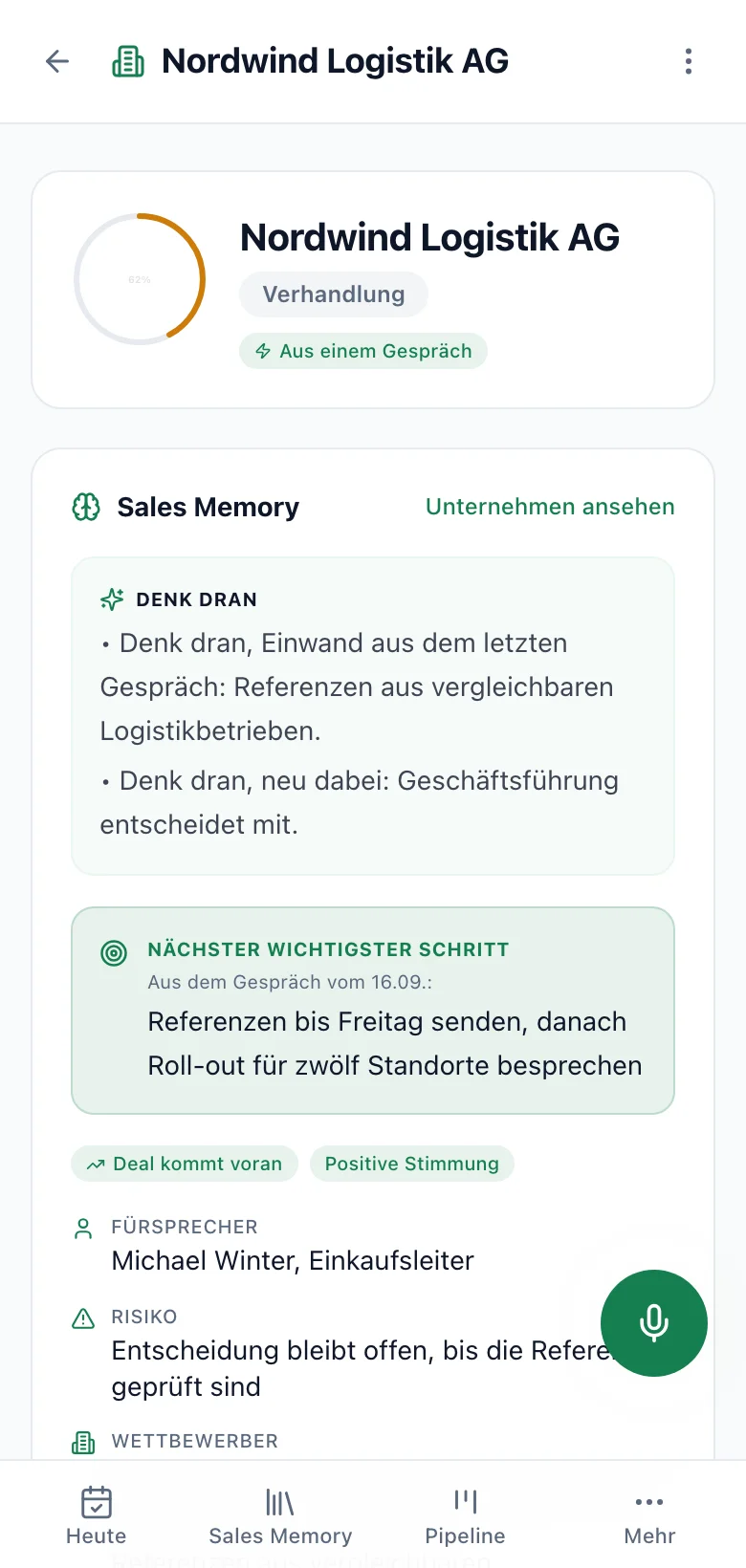 fieldbrain auf dem Telefon: der Vorgang mit Phase, Wahrscheinlichkeit, nächstem Schritt und dem CRM-Stand