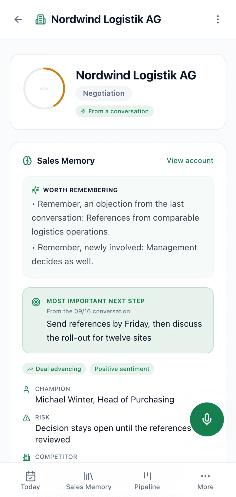fieldbrain on the phone: the deal with stage, probability, next step and its CRM status