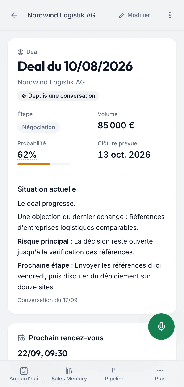 Ce que fieldbrain sait du deal Nordwind Logistik : soutien Michael Winter, risque, concurrent et objection, chacun avec sa preuve dans l'échange