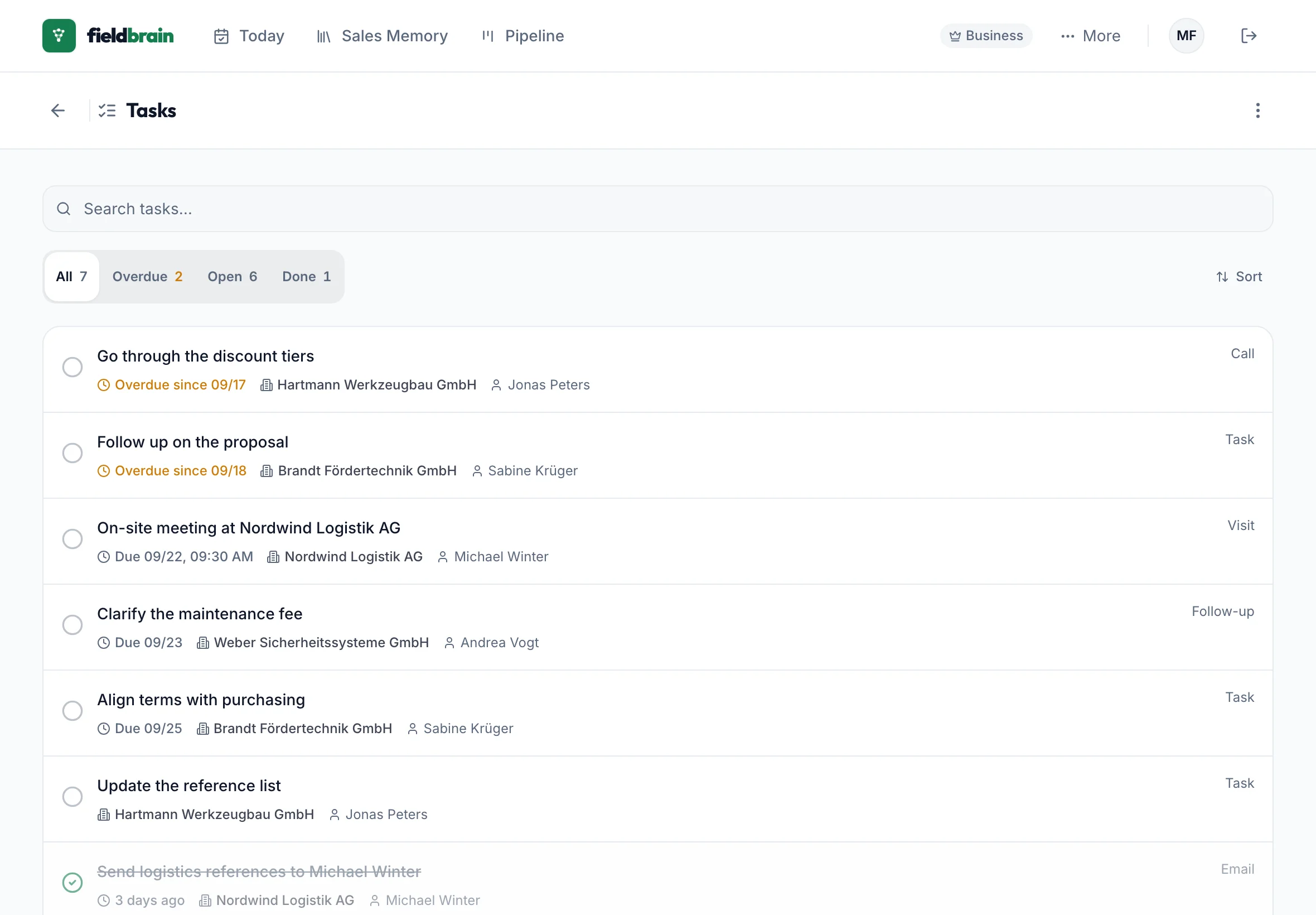 fieldbrain on a tablet: tasks from conversations, each with customer, contact and due date.