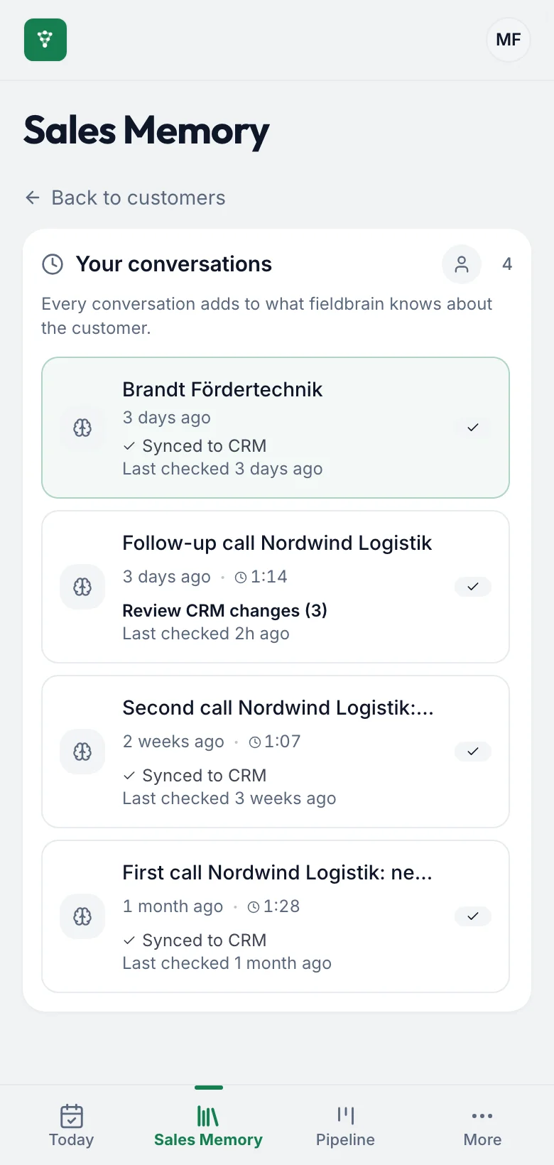 fieldbrain on the phone: every conversation with its status, one waiting for the CRM review.
