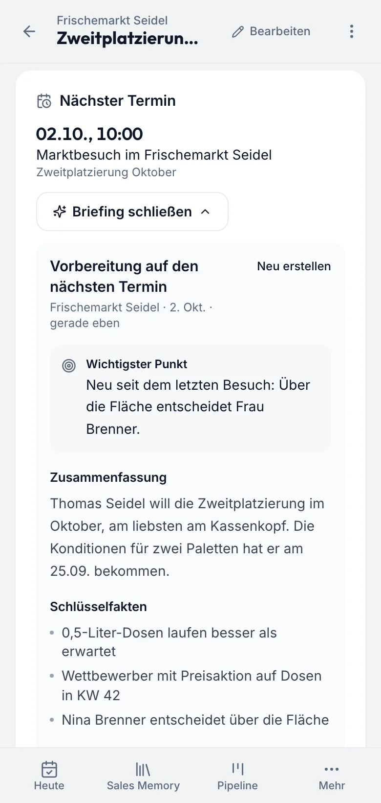 fieldbrain auf dem Telefon: das Briefing vor dem nächsten Marktbesuch im Frischemarkt Seidel am 2. Oktober.