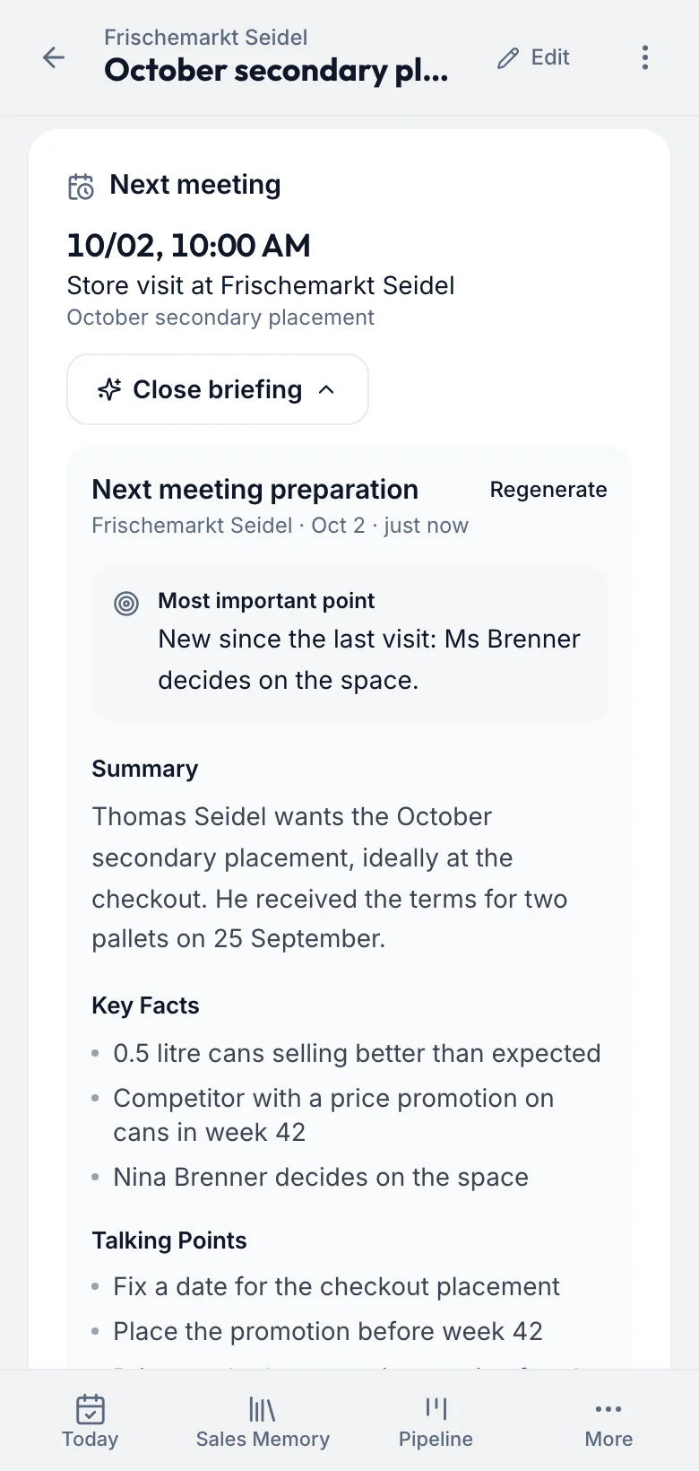 fieldbrain on the phone: the briefing before the next store visit at Frischemarkt Seidel on 2 October.