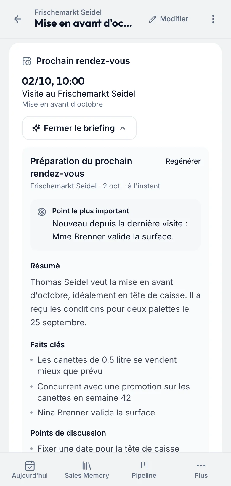 fieldbrain sur le téléphone : le briefing avant la prochaine visite au Frischemarkt Seidel le 2 octobre.