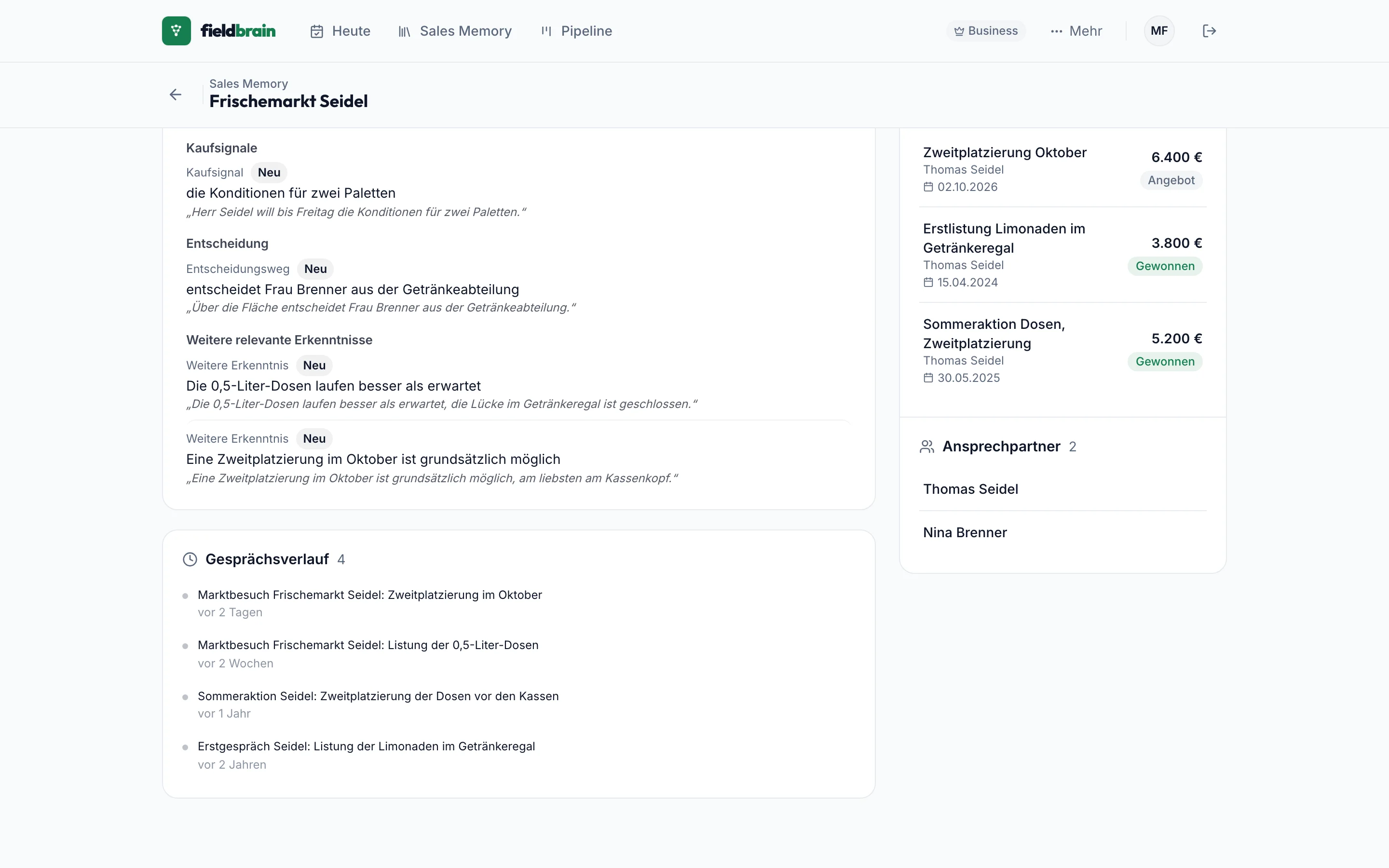 fieldbrain am Desktop: Frischemarkt Seidel mit allen Deals seit 2024, der Erstlistung, der Sommeraktion 2025 und dem offenen Deal, dazu der Verlauf aller Gespräche.