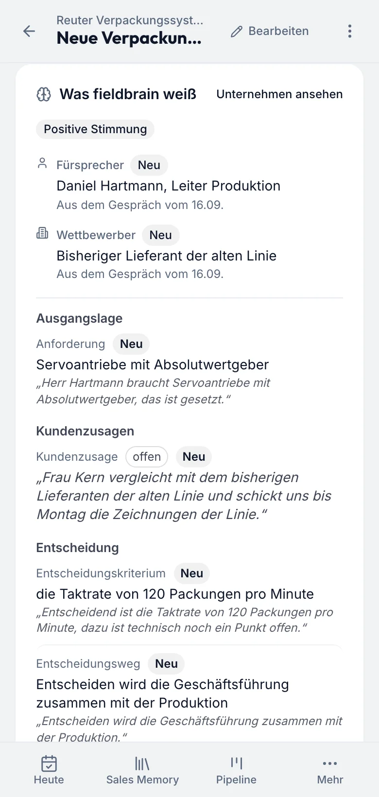 fieldbrain auf dem Telefon, technischer Termin bei Reuter Verpackungssysteme: 18 Antriebe, Servoantriebe mit Absolutwertgeber, die Taktrate als Entscheidungskriterium und wer entscheidet.