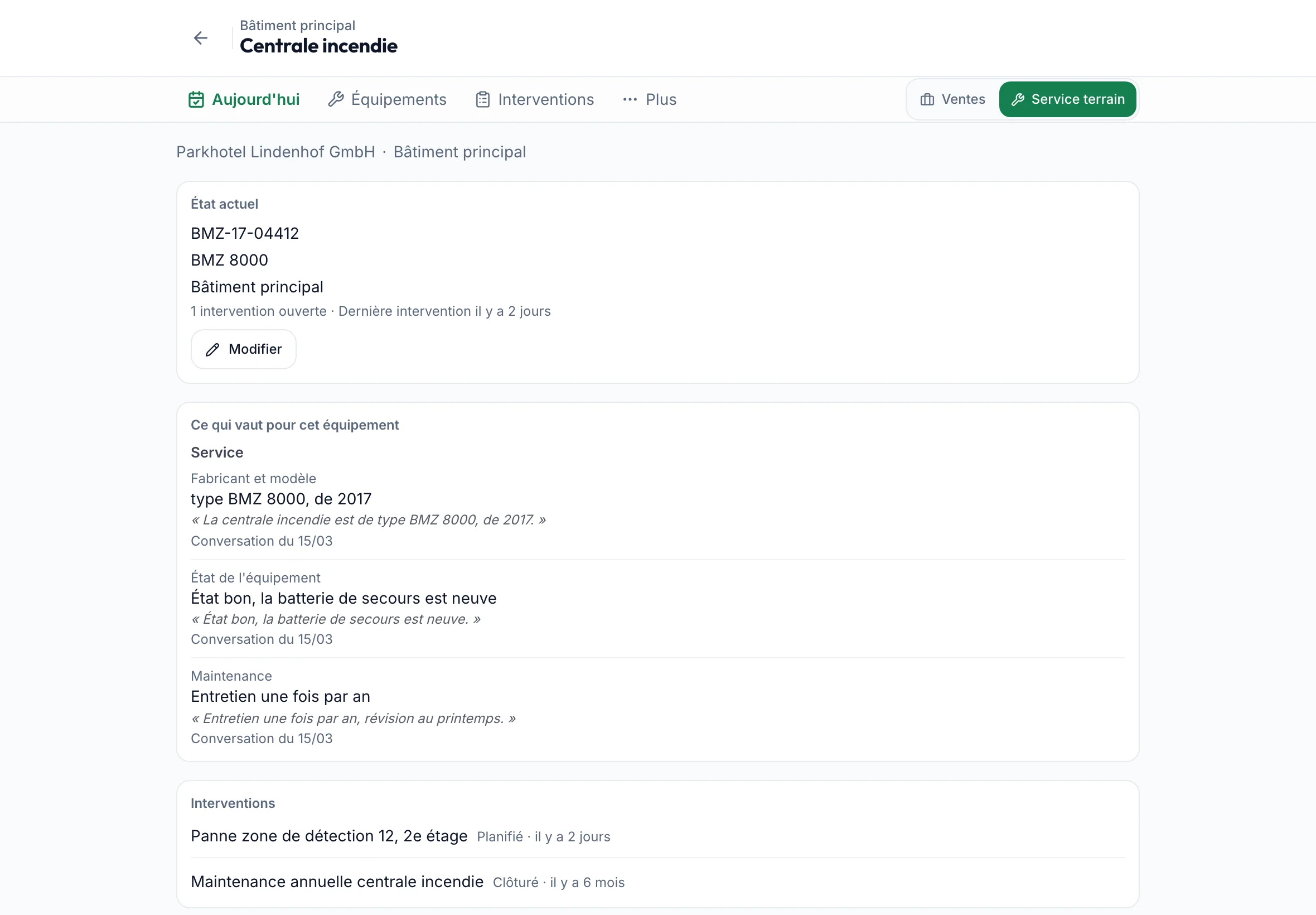 fieldbrain Field Service sur tablette : le compresseur K2 avec fabricant, état, maintenance et ses interventions.