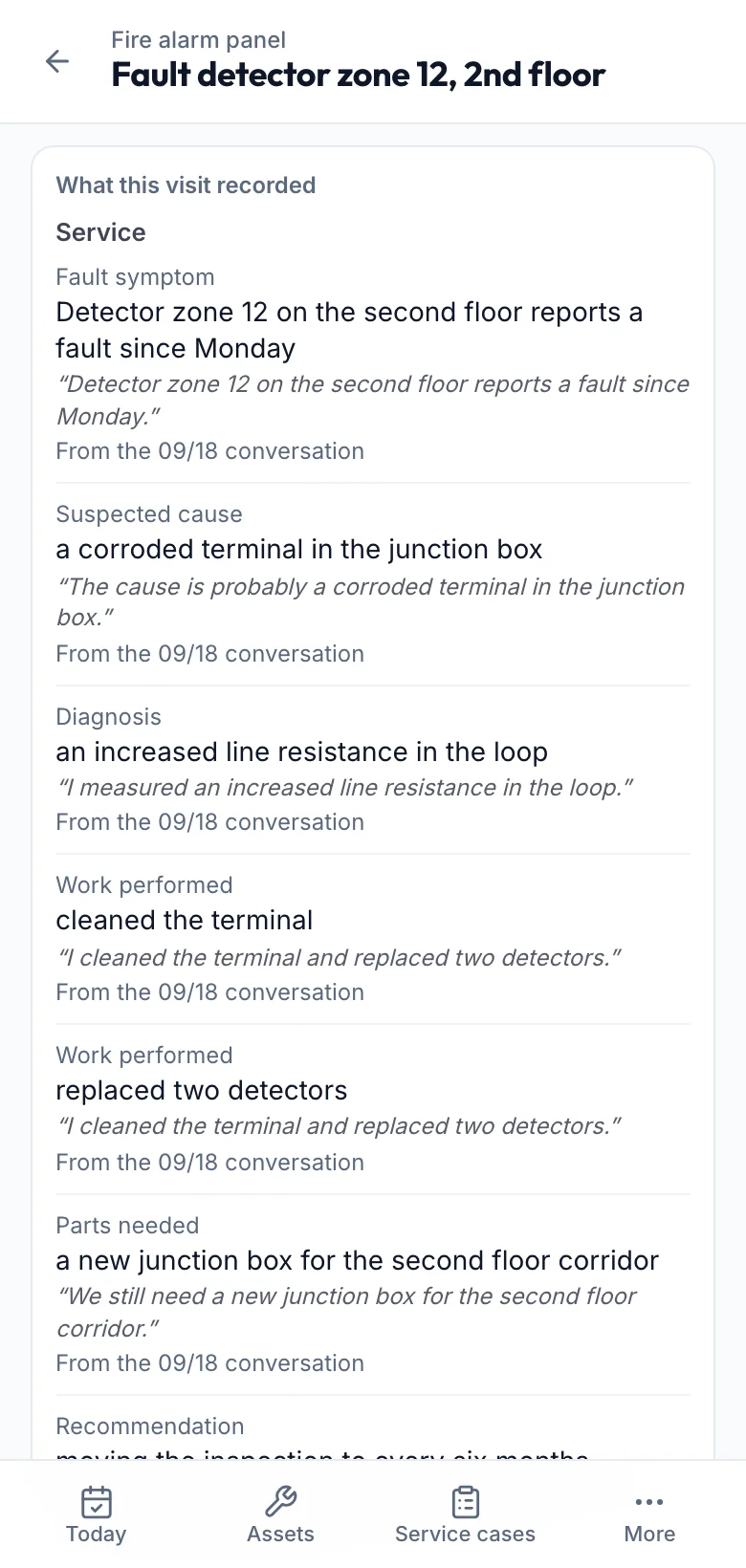 fieldbrain Field Service: a service case with fault, diagnosis, suspected cause and work performed, each with the spoken sentence.