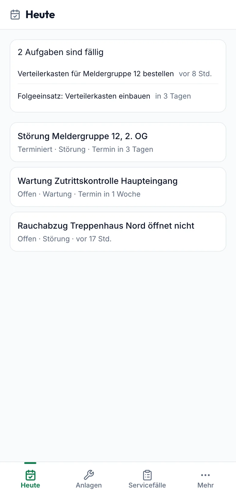 fieldbrain Field Service auf dem Telefon: die fälligen Aufgaben und offenen Servicefälle des Technikers.