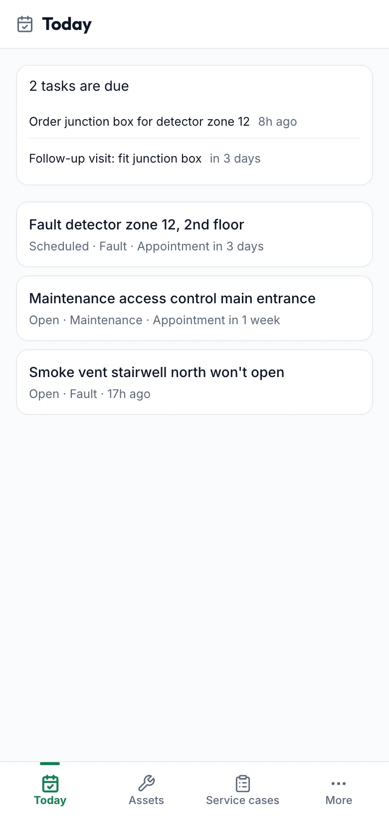fieldbrain Field Service on the phone: the technician's due tasks and open service cases.