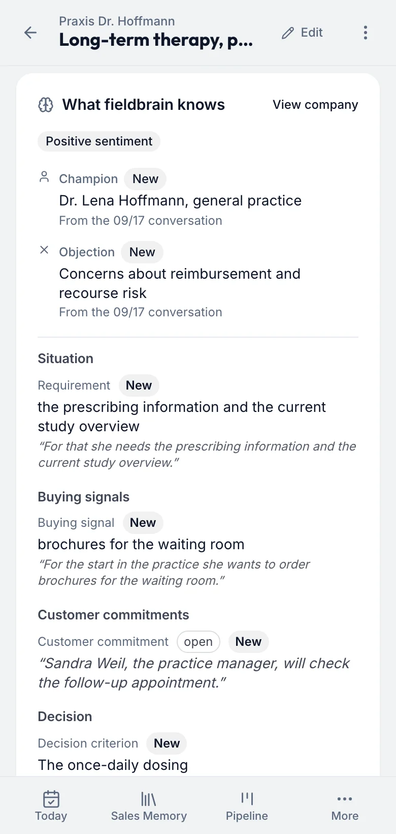 fieldbrain on the phone, practice visit with Dr. Hoffmann: interest, the reimbursement objection, requested documents and the agreed follow-up, without patient data.